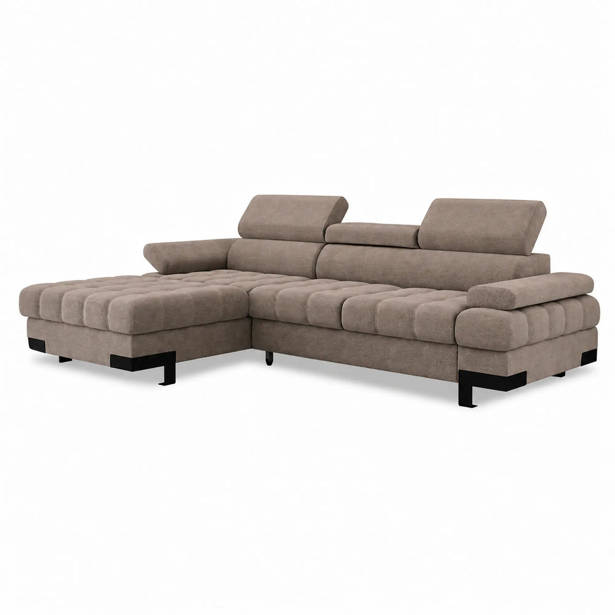 Coltar extensibil SELVA MINI, sezlong stanga, stofa catifelata maro - Salvador 3, cu lada depozitare si tetiere reglabile, 270x173x95 cm