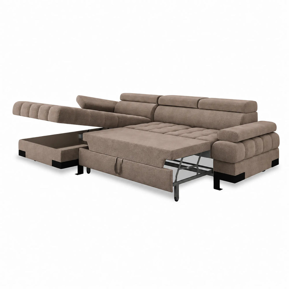 Coltar extensibil SELVA MINI, sezlong stanga, stofa catifelata maro - Salvador 3, cu lada depozitare si tetiere reglabile, 270x173x95 cm