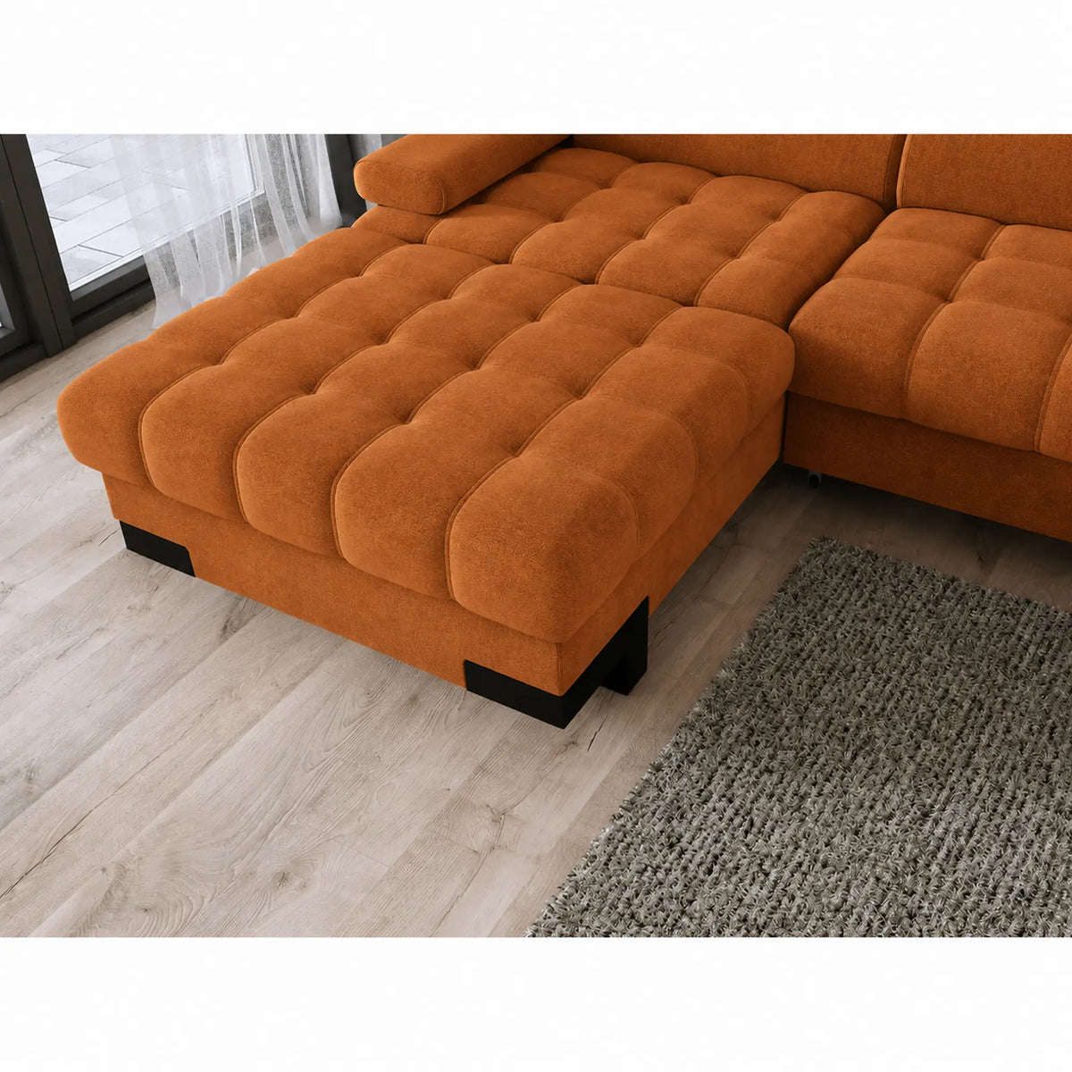 Coltar extensibil SELVA MINI, sezlong stanga, stofa catifelata scortisoara - Salvador 08, cu lada depozitare si tetiere reglabile, 270x173x95 cm
