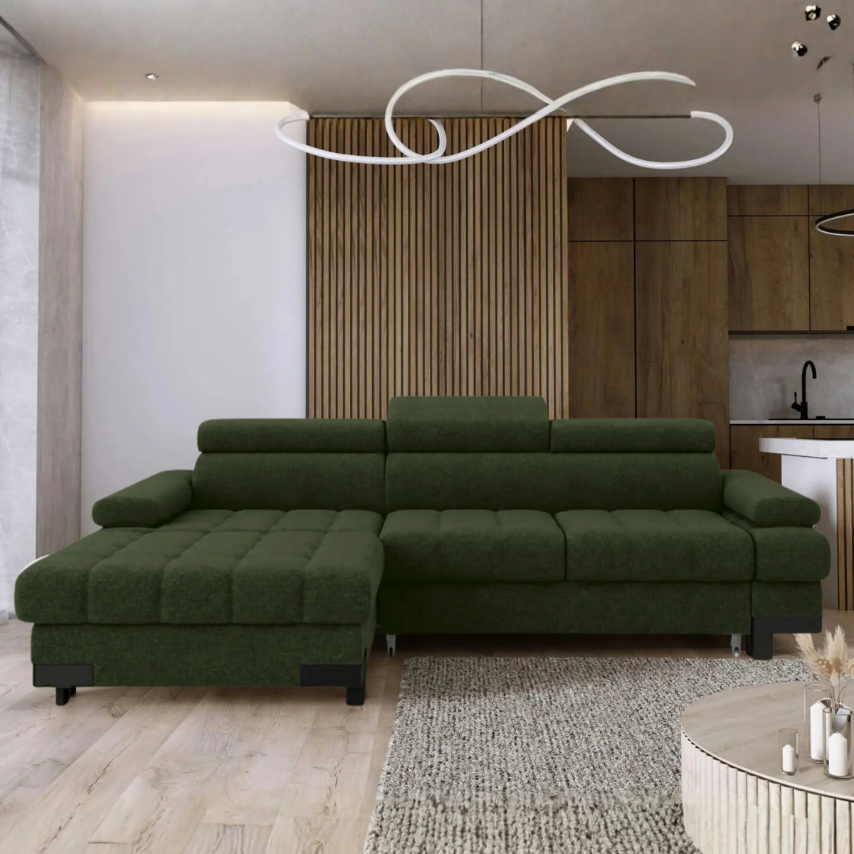 Coltar extensibil SELVA MINI, sezlong stanga, stofa catifelata verde - Whisper 11, cu lada depozitare si tetiere reglabile,  270x173x95 cm