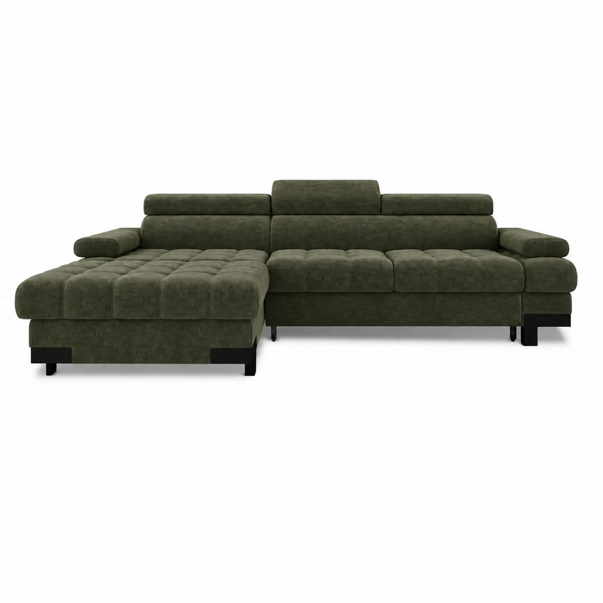 Coltar extensibil SELVA MINI, sezlong stanga, stofa catifelata verde - Whisper 11, cu lada depozitare si tetiere reglabile,  270x173x95 cm