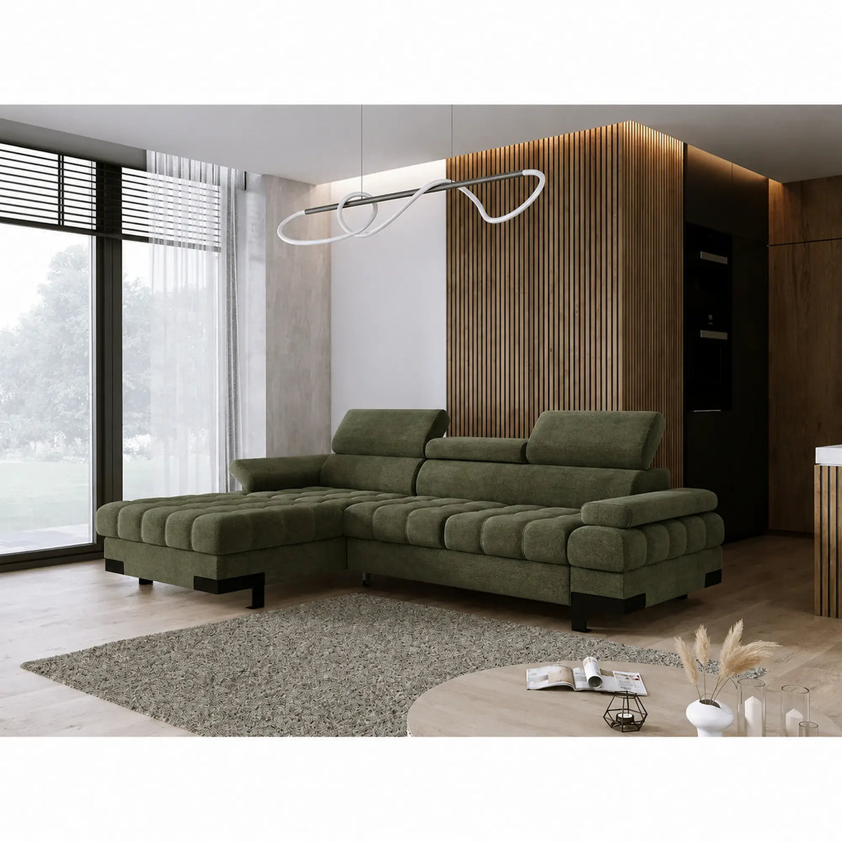 Coltar extensibil SELVA MINI, sezlong stanga, stofa catifelata verde - Whisper 11, cu lada depozitare si tetiere reglabile,  270x173x95 cm