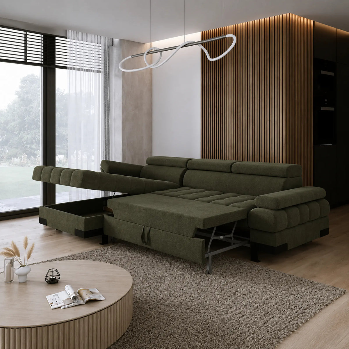 Coltar extensibil SELVA MINI, sezlong stanga, stofa catifelata verde - Whisper 11, cu lada depozitare si tetiere reglabile,  270x173x95 cm
