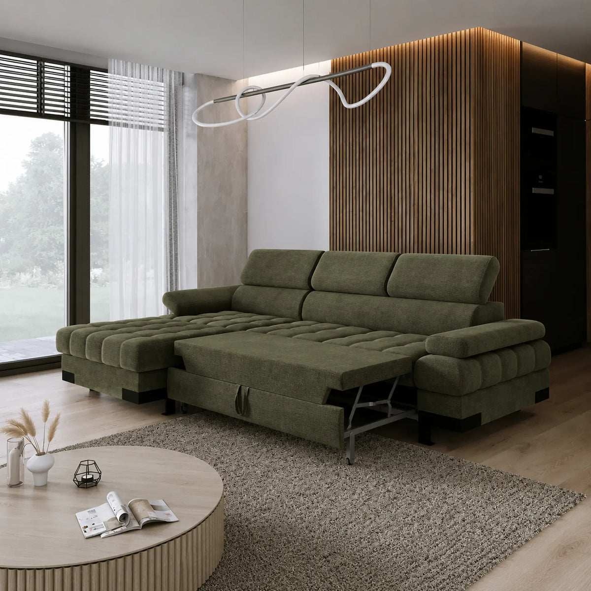 Coltar extensibil SELVA MINI, sezlong stanga, stofa catifelata verde - Whisper 11, cu lada depozitare si tetiere reglabile,  270x173x95 cm