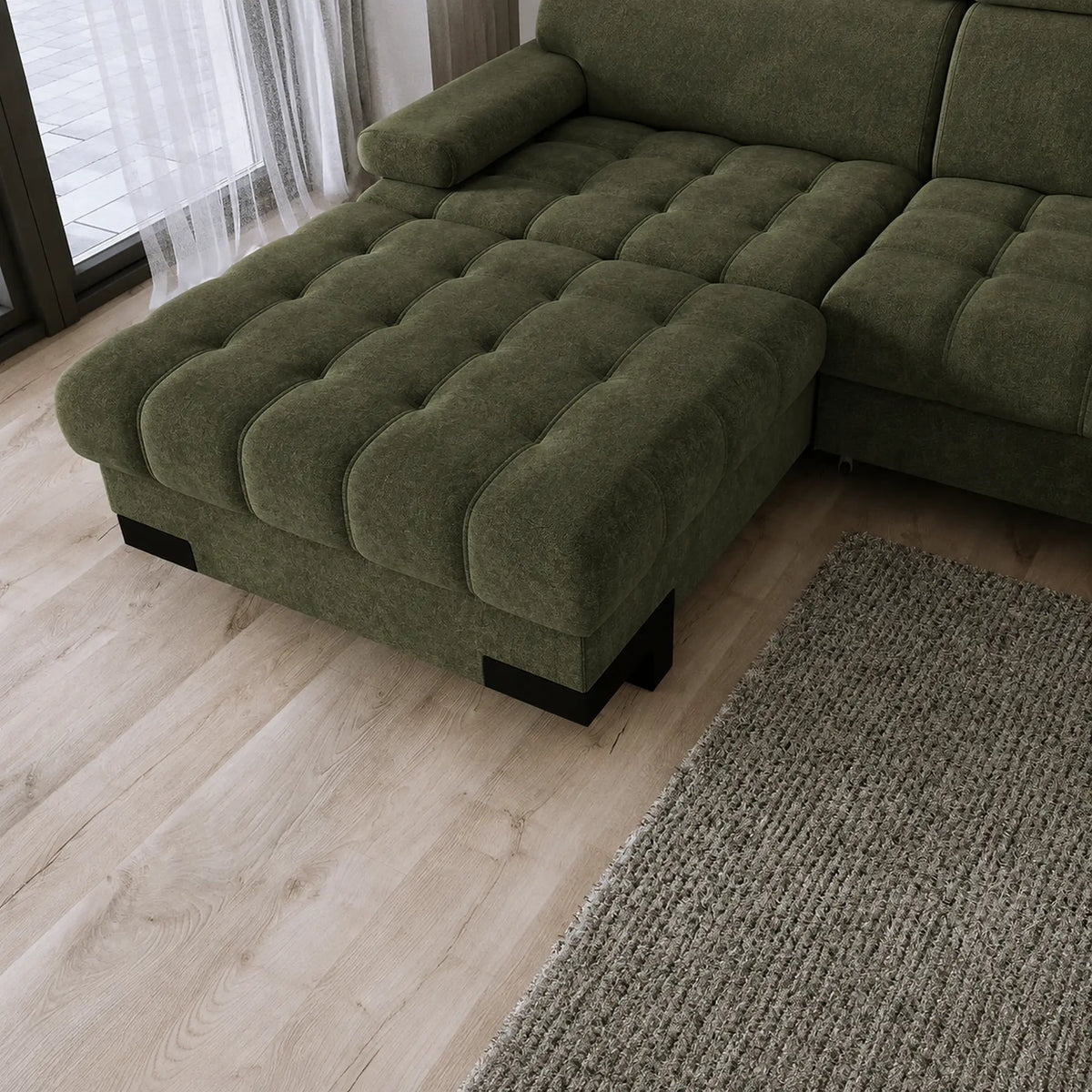 Coltar extensibil SELVA MINI, sezlong stanga, stofa catifelata verde - Whisper 11, cu lada depozitare si tetiere reglabile,  270x173x95 cm