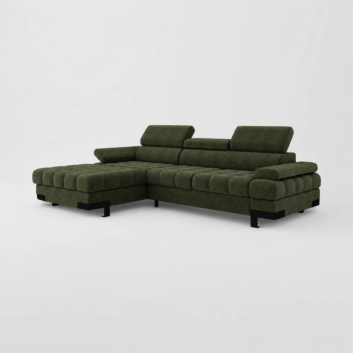 Coltar extensibil SELVA MINI, sezlong stanga, stofa catifelata verde - Whisper 11, cu lada depozitare si tetiere reglabile,  270x173x95 cm