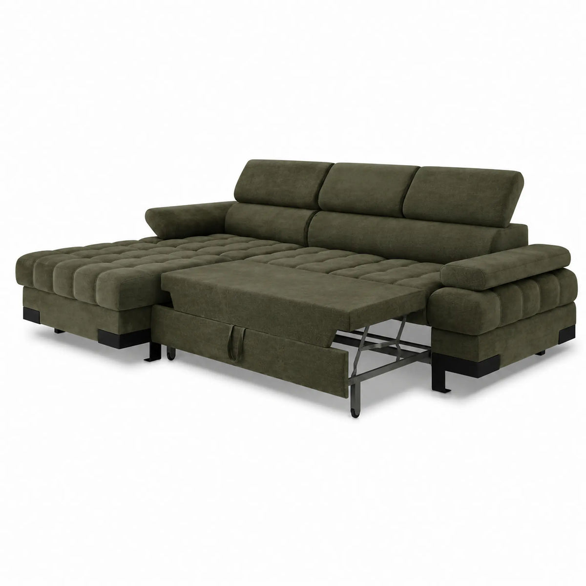 Coltar extensibil SELVA MINI, sezlong stanga, stofa catifelata verde - Whisper 11, cu lada depozitare si tetiere reglabile,  270x173x95 cm