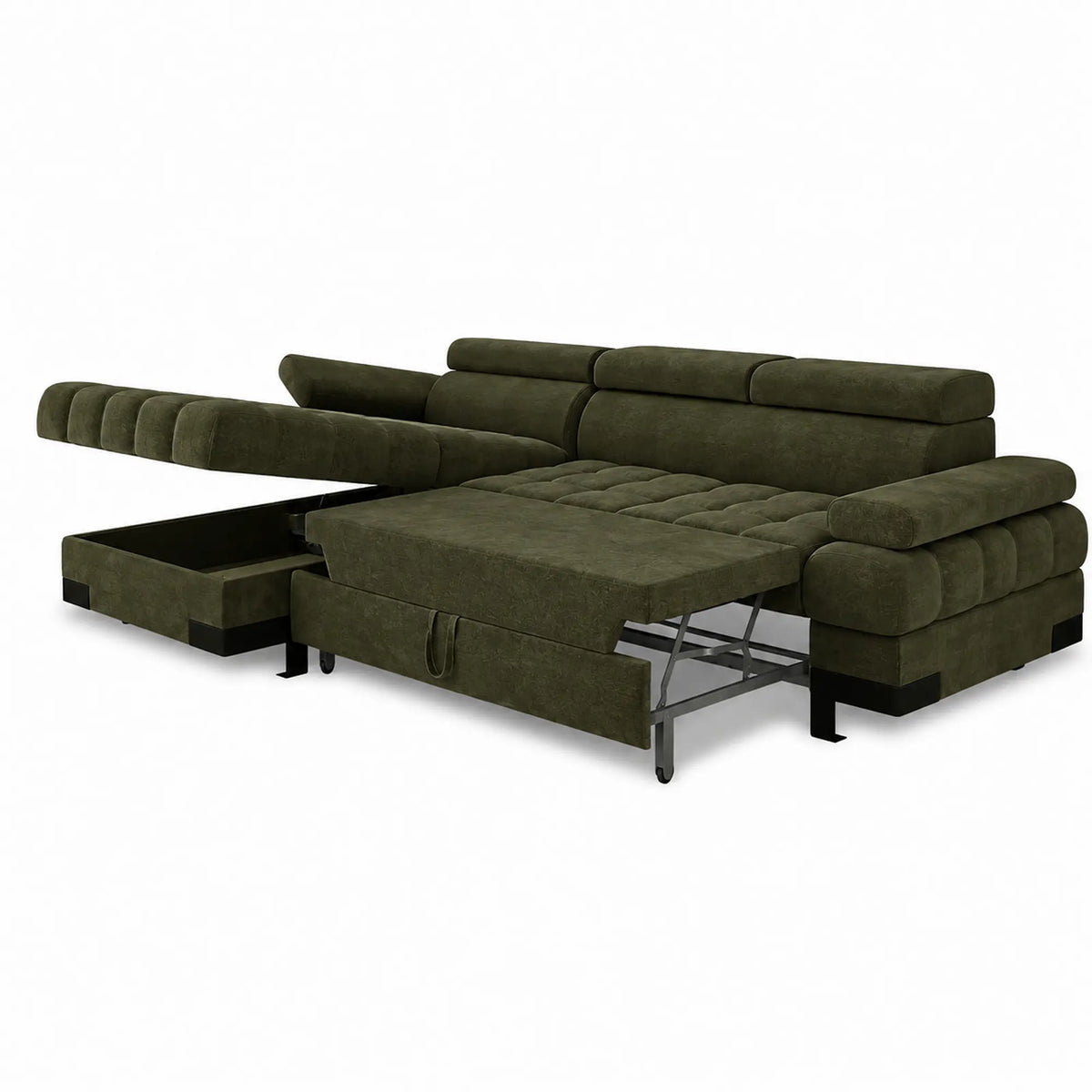 Coltar extensibil SELVA MINI, sezlong stanga, stofa catifelata verde - Whisper 11, cu lada depozitare si tetiere reglabile,  270x173x95 cm