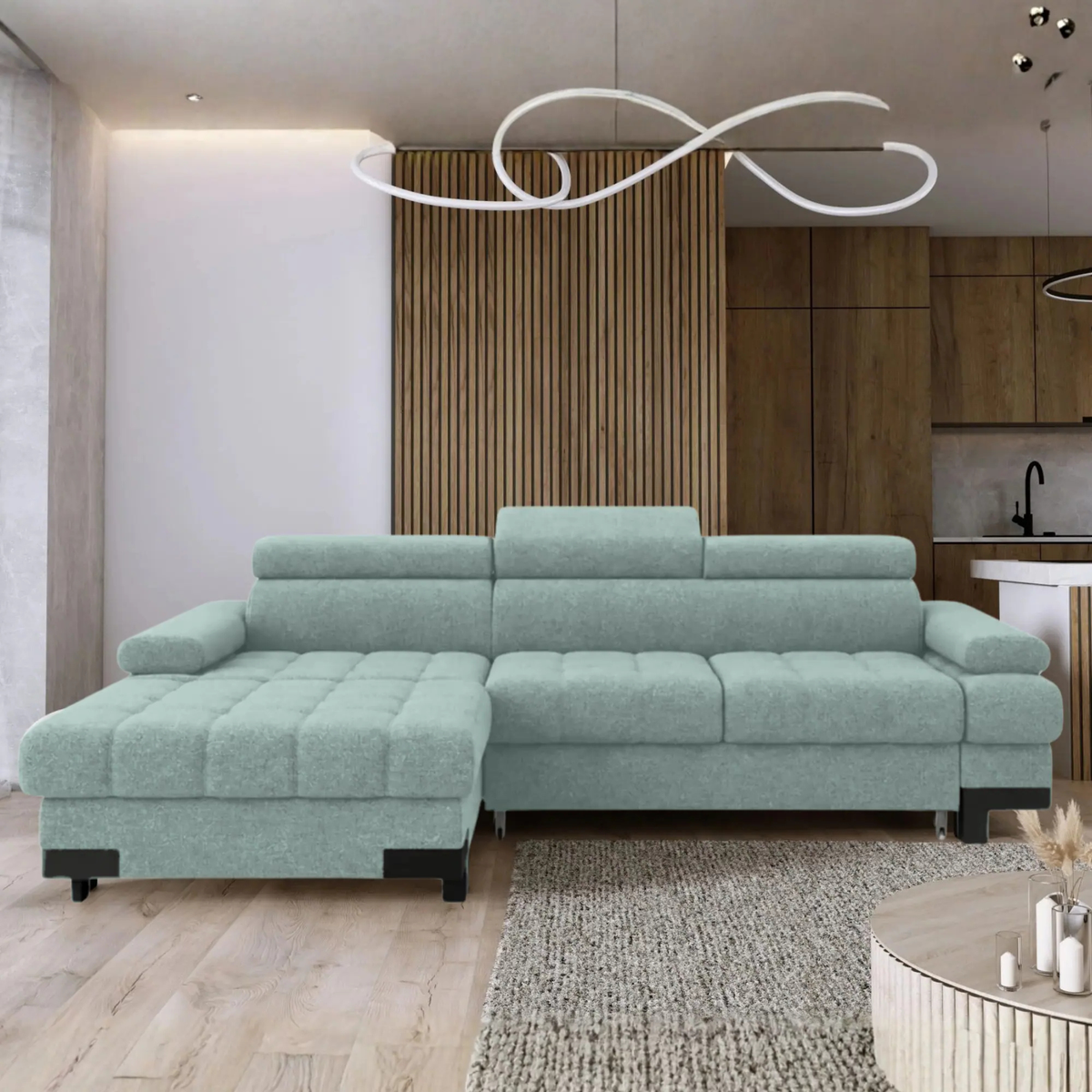 Coltar extensibil SELVA MINI, sezlong stanga, stofa catifelata verde menta, cu lada depozitare, 270x173x95 cm