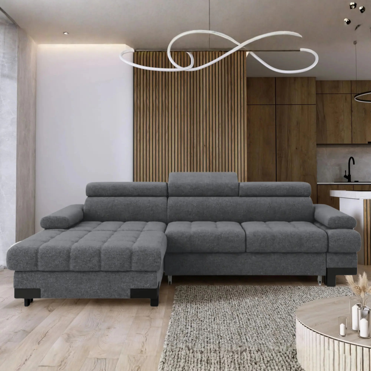 Coltar extensibil SELVA MINI, sezlong stanga, stofa clasica gri - Austin 19, cu lada depozitare, 270x173x95 cm