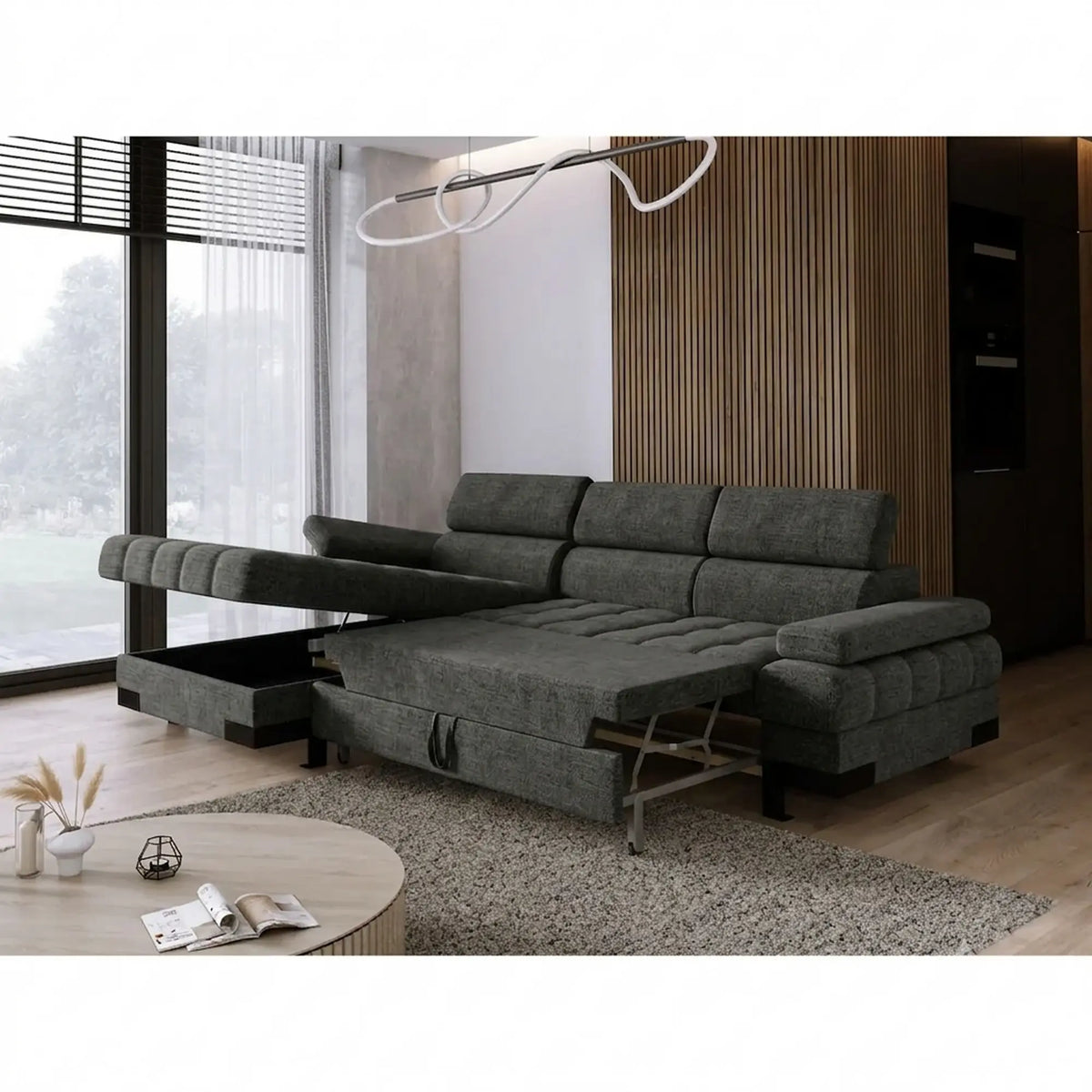 Coltar extensibil SELVA MINI, sezlong stanga, stofa gri - Rosario 456, cu lada depozitare si tetiere reglabile, 270x173x95 cm