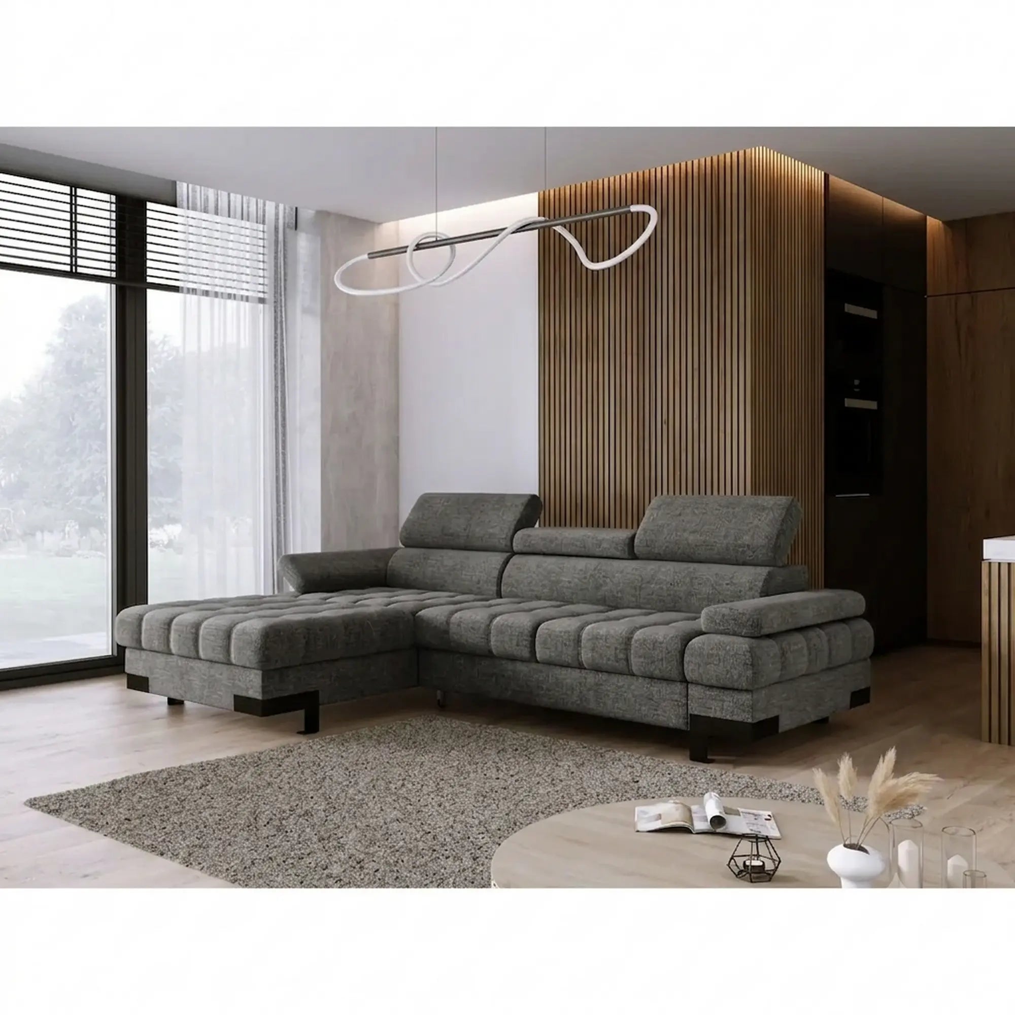 Coltar extensibil SELVA MINI, sezlong stanga, stofa gri - Rosario 456, cu lada depozitare si tetiere reglabile, 270x173x95 cm