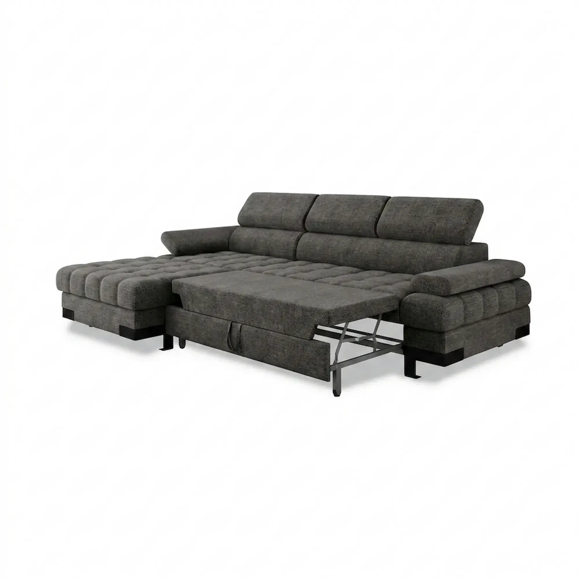 Coltar extensibil SELVA MINI, sezlong stanga, stofa gri - Rosario 456, cu lada depozitare si tetiere reglabile, 270x173x95 cm
