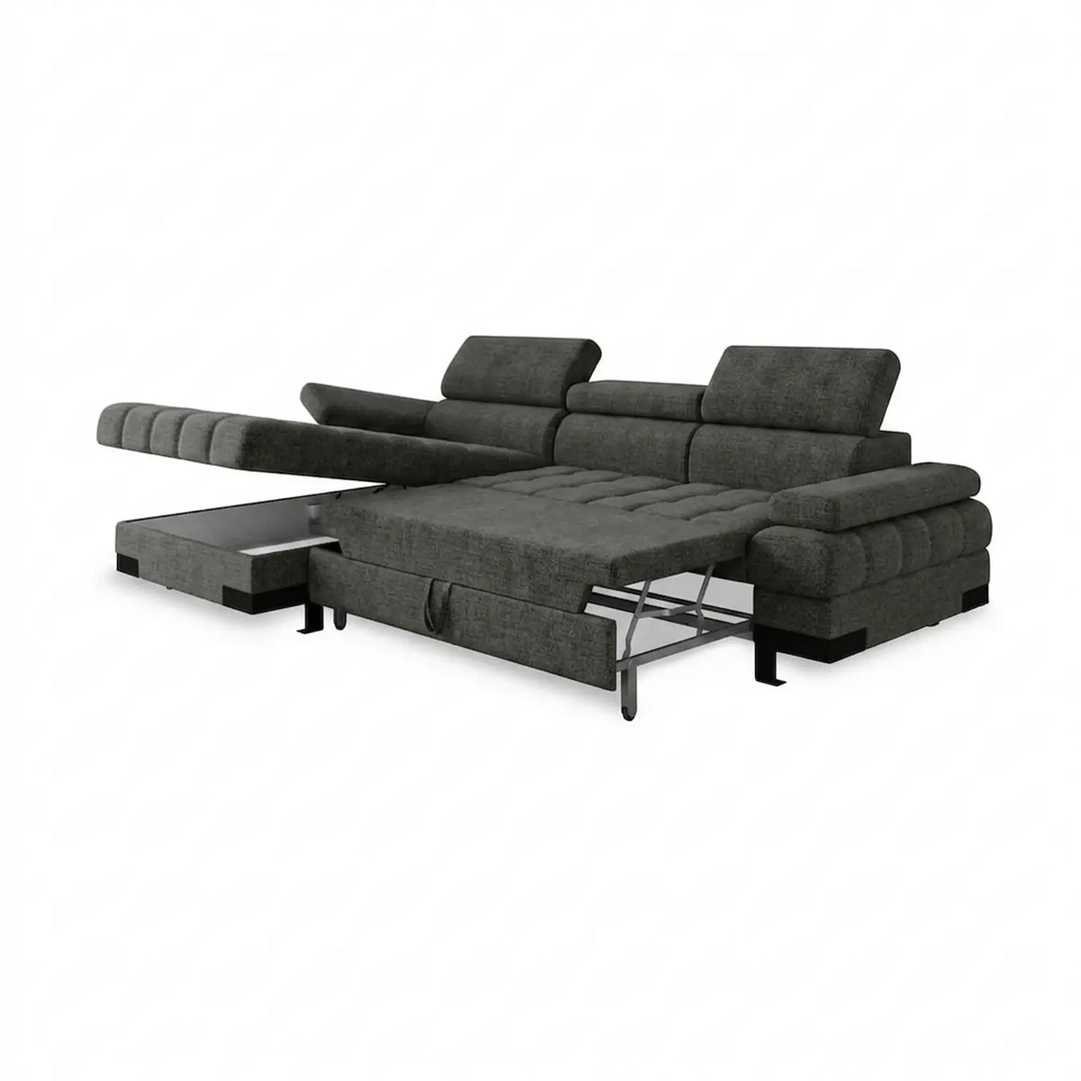 Coltar extensibil SELVA MINI, sezlong stanga, stofa gri - Rosario 456, cu lada depozitare si tetiere reglabile, 270x173x95 cm