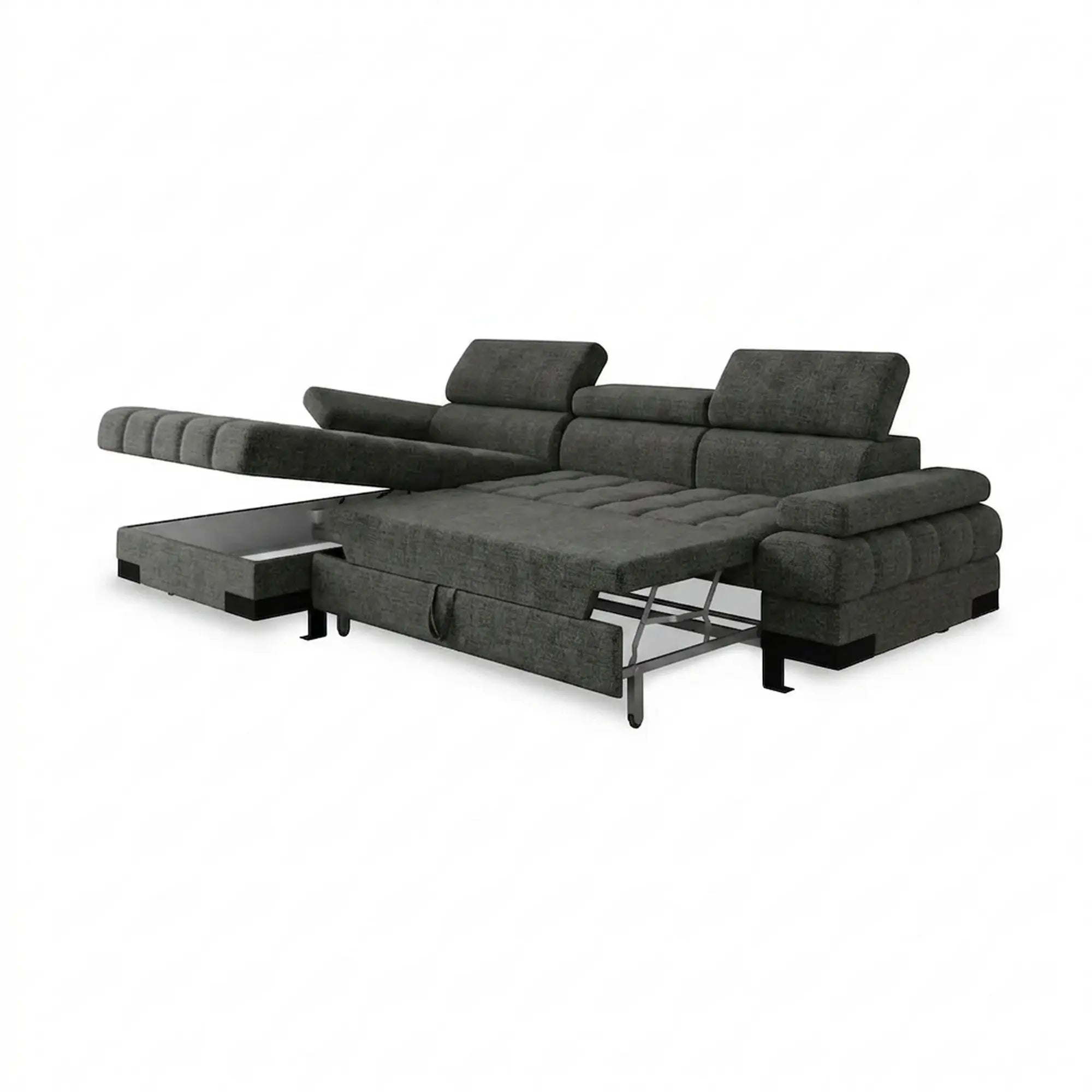 Coltar extensibil SELVA MINI, sezlong stanga, stofa gri - Rosario 456, cu lada depozitare si tetiere reglabile, 270x173x95 cm