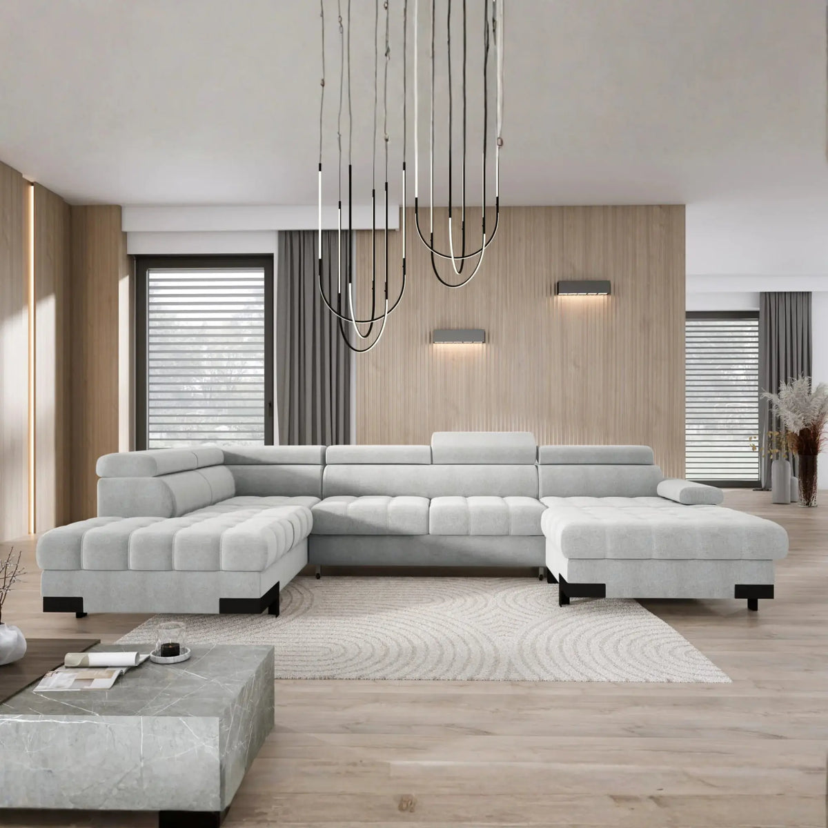 Coltar extensibil SELVA XL, personalizabil, cu lada depozitare si tetiere reglabile, 339x223x95 cm