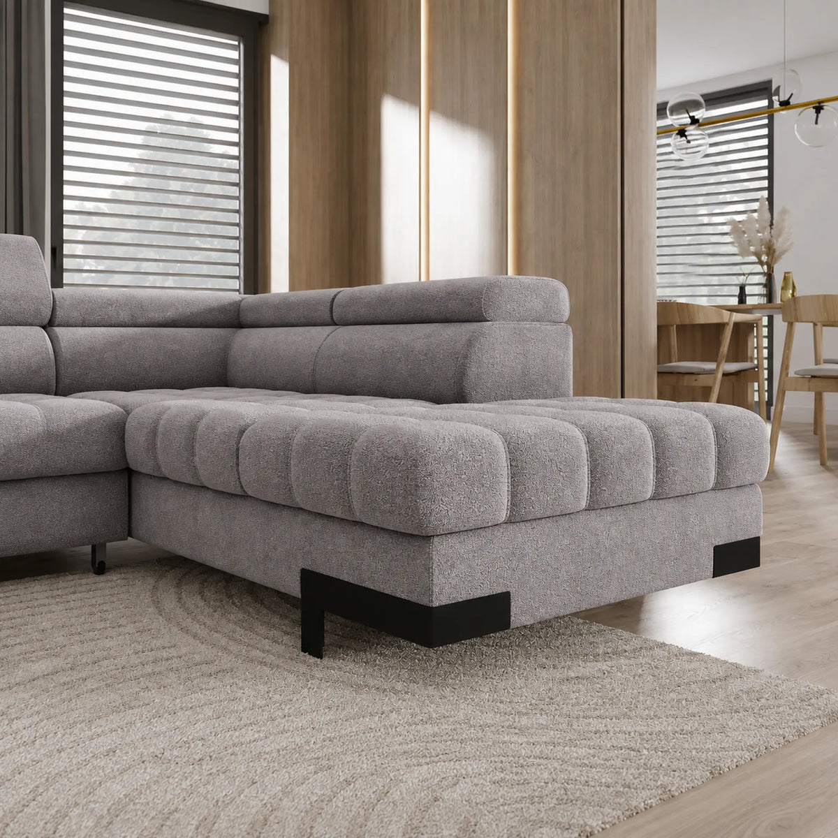 Coltar extensibil SELVA XL, sezlong dreapta, stofa catifelata gri - Crown 18, cu lada depozitare si tetiere reglabile, 339x223x95 cm
