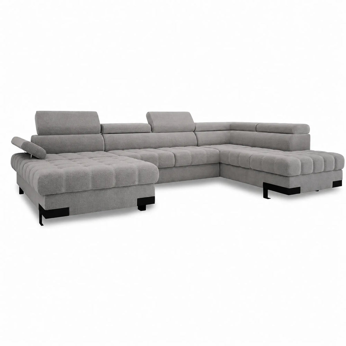 Coltar extensibil SELVA XL, sezlong dreapta, stofa catifelata gri - Crown 18, cu lada depozitare si tetiere reglabile, 339x223x95 cm