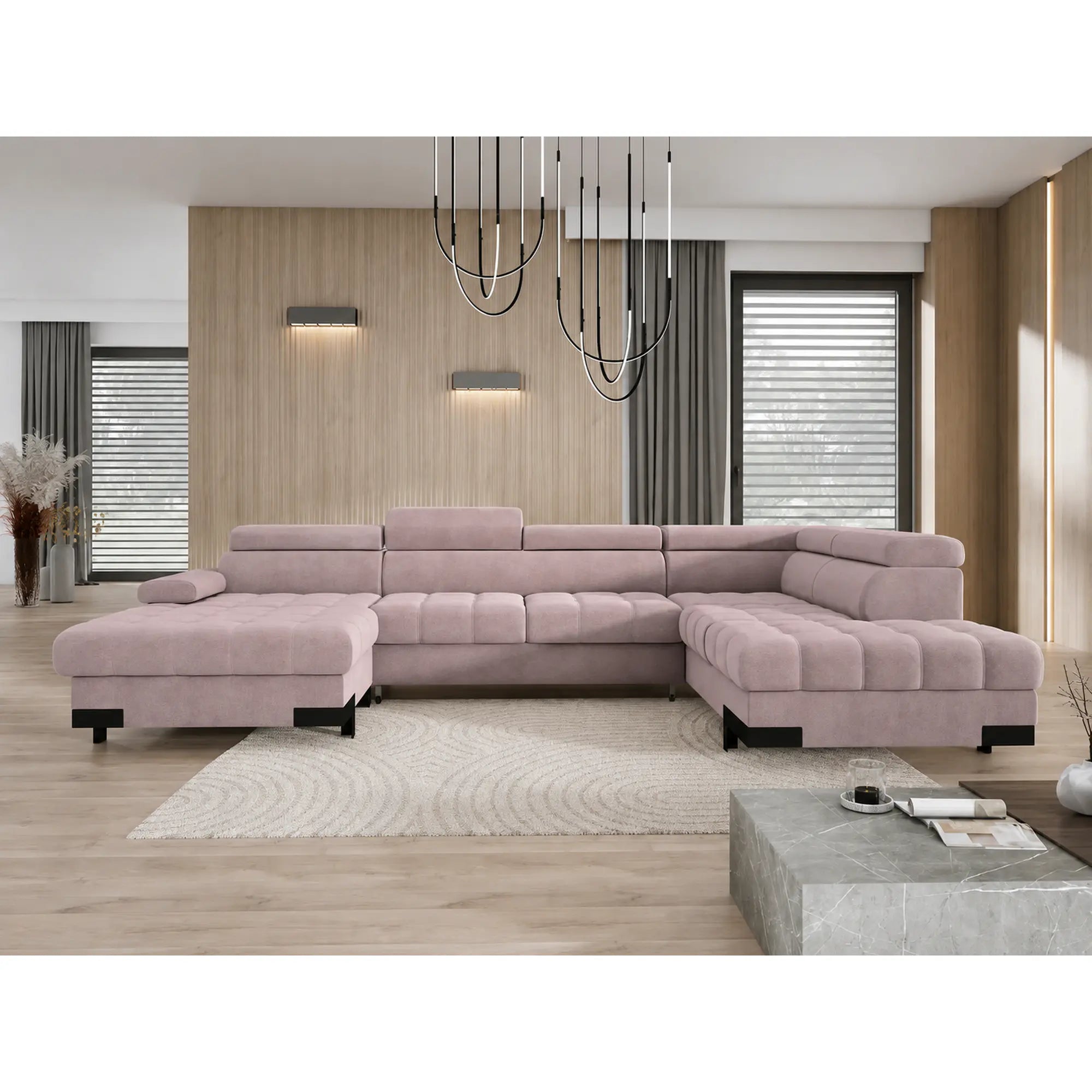 Coltar extensibil SELVA XL, sezlong dreapta, stofa catifelata roz pudrat - Riviera 62, cu lada depozitare si tetiere reglabile, 339x223x95 cm