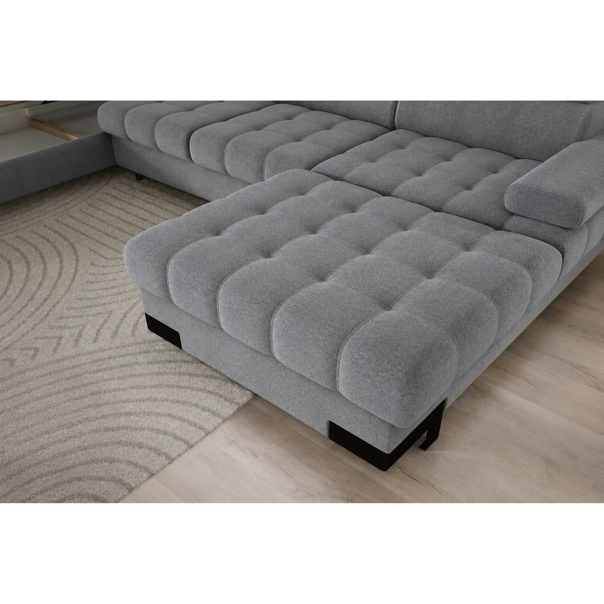 Coltar extensibil SELVA XL, sezlong stanga, stofa catifelata gri - Riviera 91, cu lada depozitare si tetiere reglabile, 339x223x95 cm