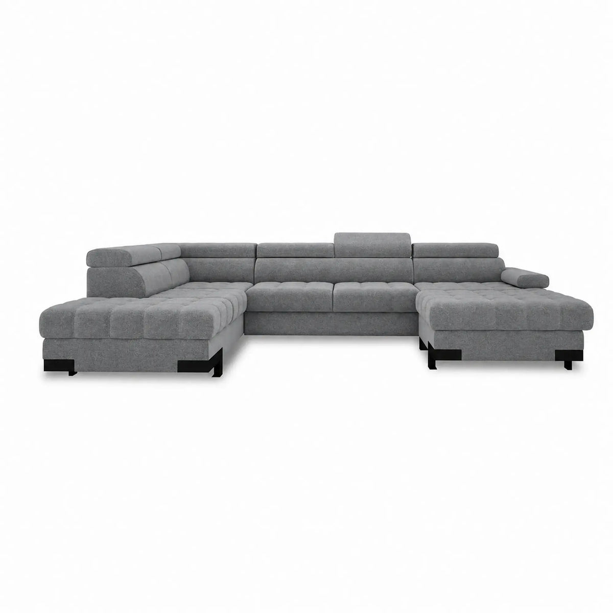 Coltar extensibil SELVA XL, sezlong stanga, stofa catifelata gri - Riviera 91, cu lada depozitare si tetiere reglabile, 339x223x95 cm