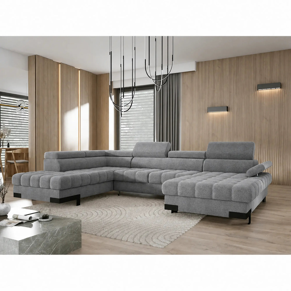 Coltar extensibil SELVA XL, sezlong stanga, stofa catifelata gri - Riviera 91, cu lada depozitare si tetiere reglabile, 339x223x95 cm