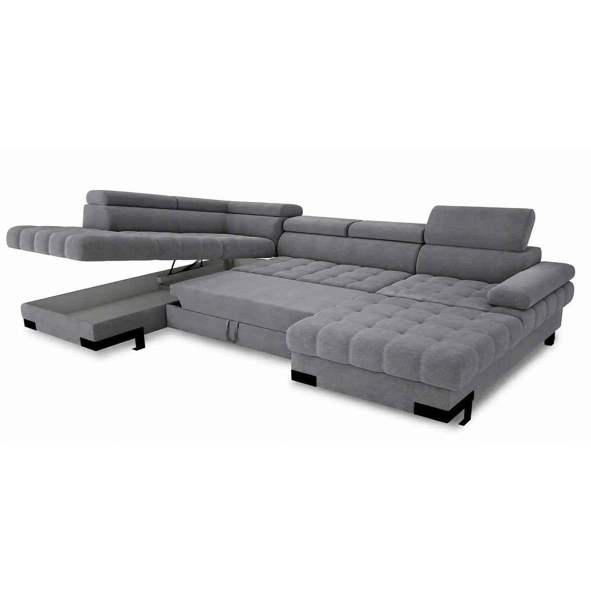 Coltar extensibil SELVA XL, sezlong stanga, stofa catifelata gri - Riviera 91, cu lada depozitare si tetiere reglabile, 339x223x95 cm