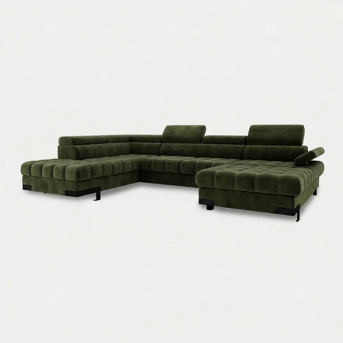 Coltar extensibil SELVA XL, sezlong stanga, stofa catifelata verde - Whisper 11, cu lada depozitare si tetiere reglabile, 339x223x95 cm