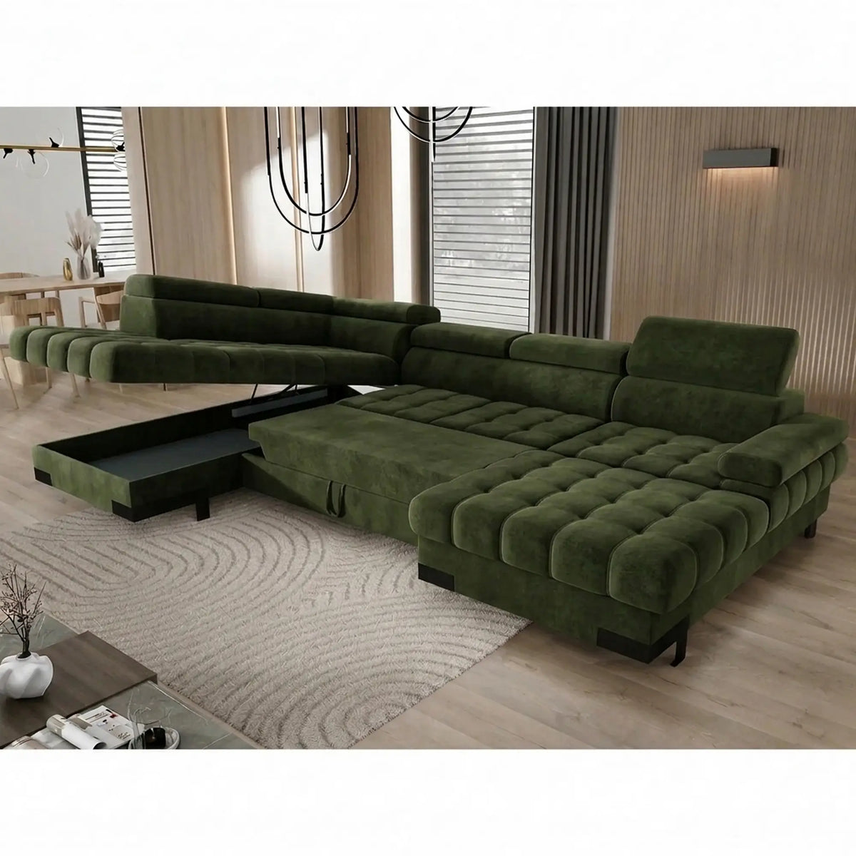 Coltar extensibil SELVA XL, sezlong stanga, stofa catifelata verde - Whisper 11, cu lada depozitare si tetiere reglabile, 339x223x95 cm