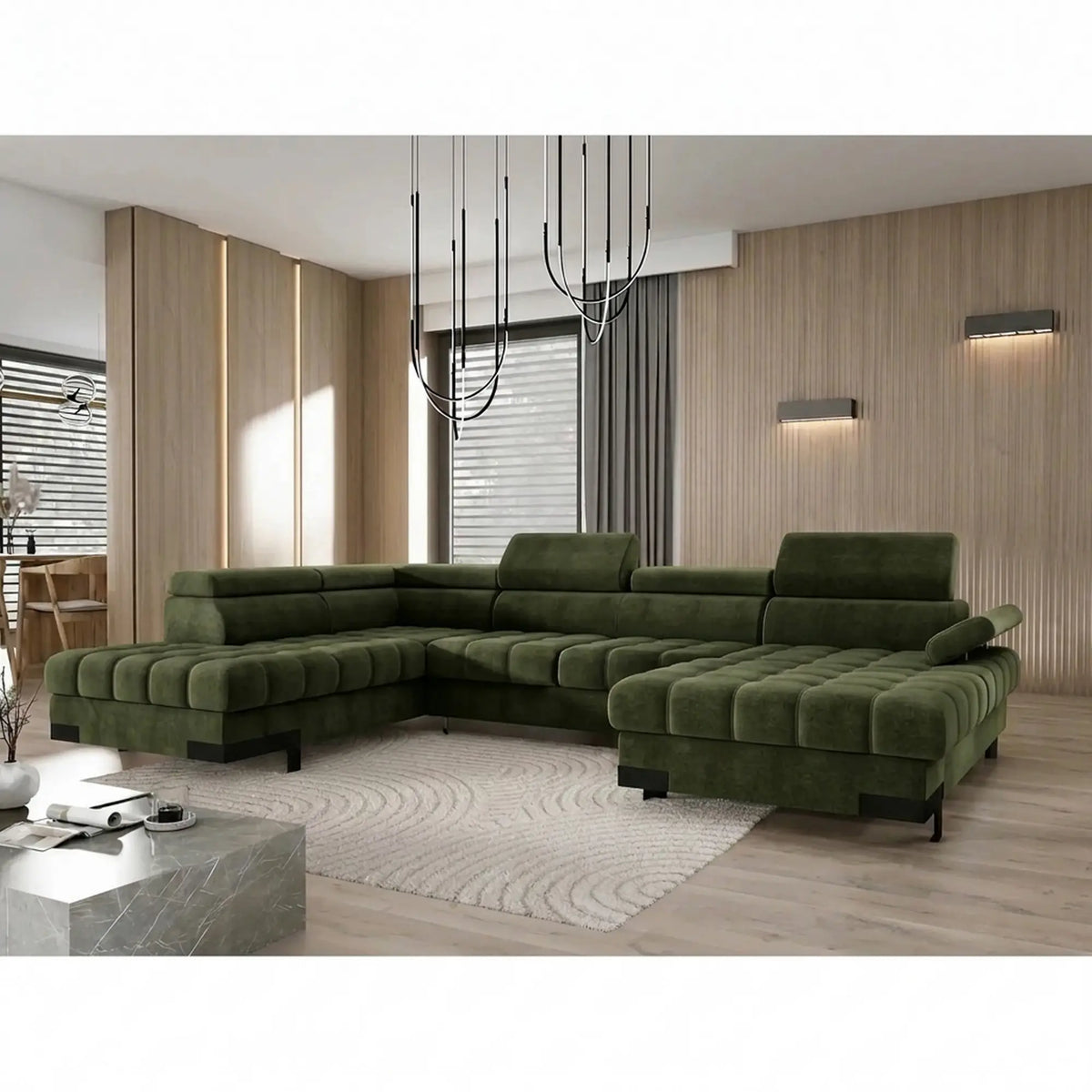 Coltar extensibil SELVA XL, sezlong stanga, stofa catifelata verde - Whisper 11, cu lada depozitare si tetiere reglabile, 339x223x95 cm