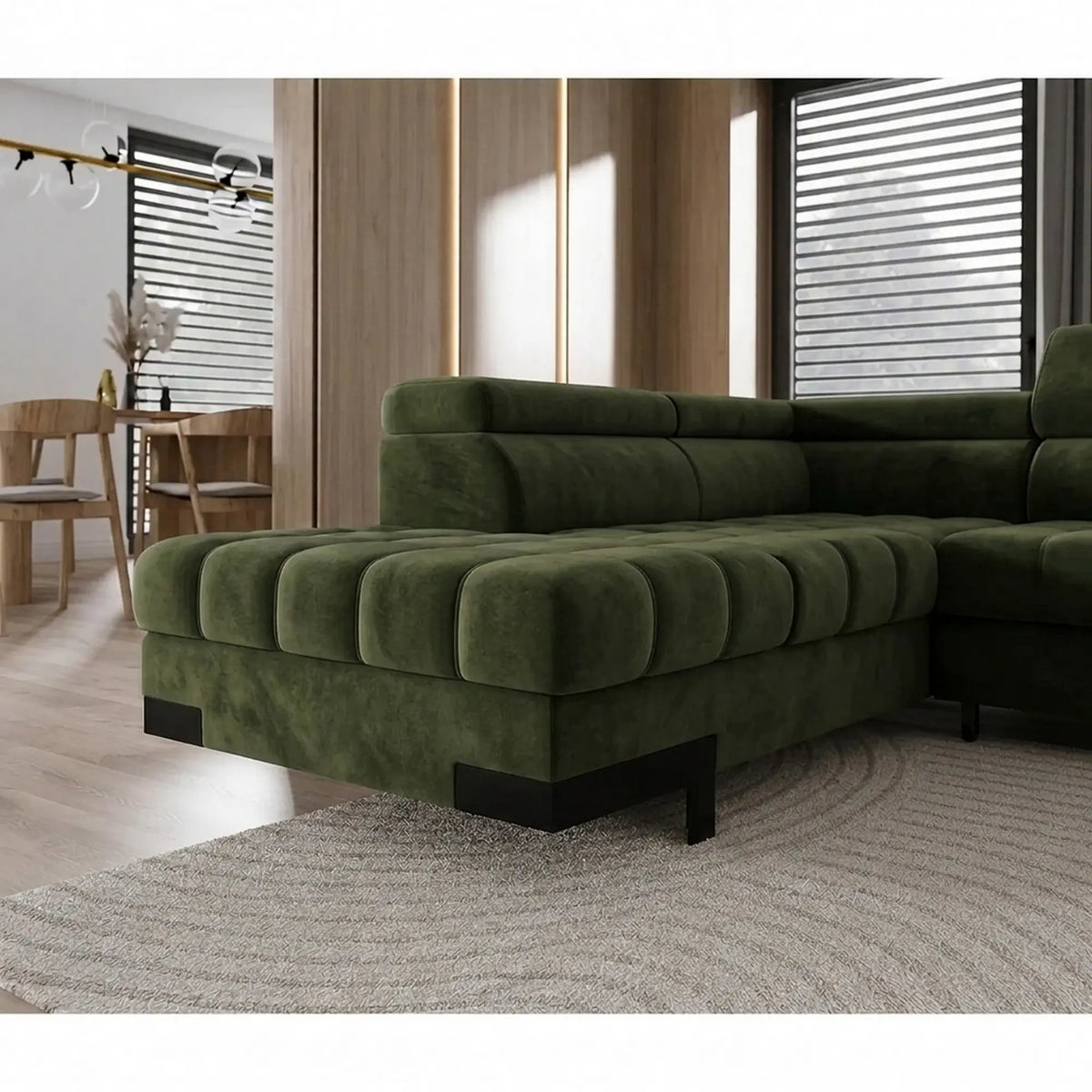 Coltar extensibil SELVA XL, sezlong stanga, stofa catifelata verde - Whisper 11, cu lada depozitare si tetiere reglabile, 339x223x95 cm