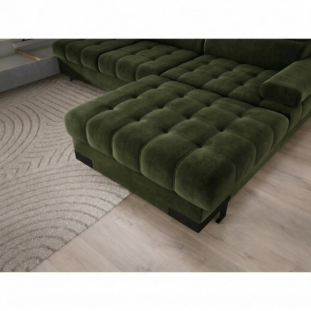 Coltar extensibil SELVA XL, sezlong stanga, stofa catifelata verde - Whisper 11, cu lada depozitare si tetiere reglabile, 339x223x95 cm
