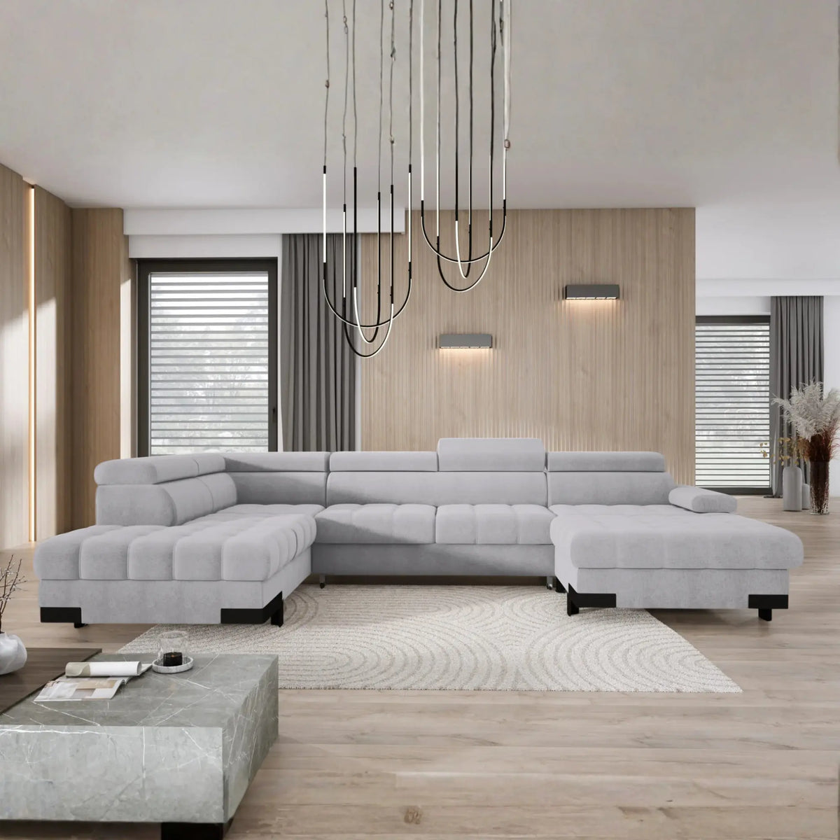 Coltar extensibil SELVA XL, sezlong stanga, stofa clasica gri - Austin 18, cu lada depozitare si tetiere reglabile, 339x223x95 cm