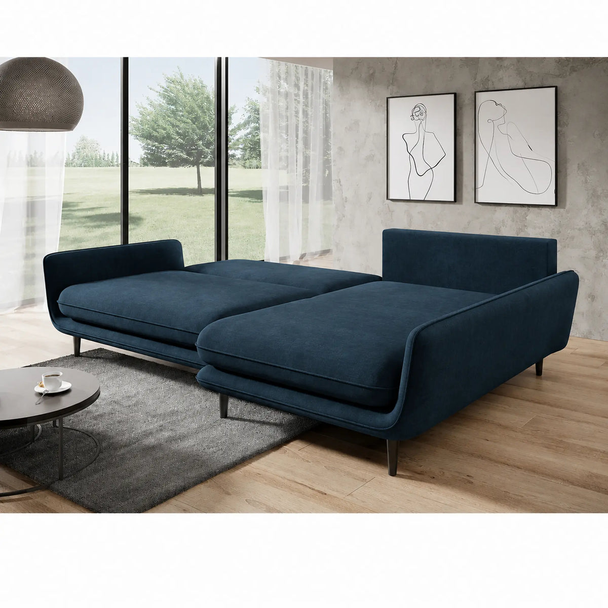 Coltar extensibil SOLANO, sezlong dreapta, stofa catifelata albastru inchis - Element 13, cu lada depozitare, 260x167x83 cm