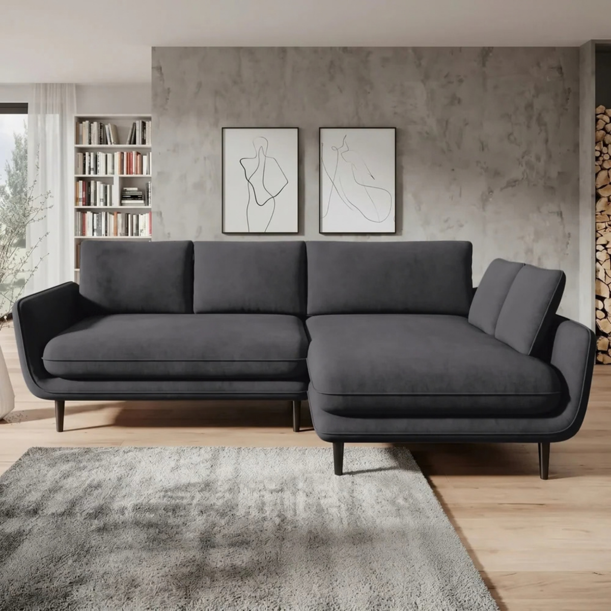 Coltar extensibil SOLANO, sezlong dreapta, stofa catifelata gri inchis - Salvador 15, cu lada depozitare, 260x167x83 cm