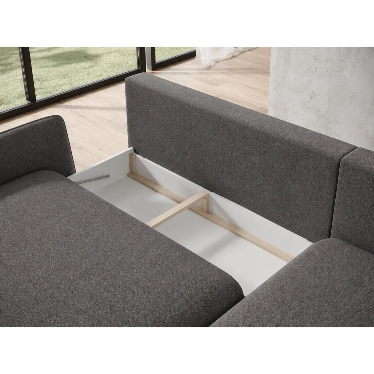 Coltar extensibil SOLANO, sezlong dreapta, stofa catifelata gri inchis - Salvador 15, cu lada depozitare, 260x167x83 cm