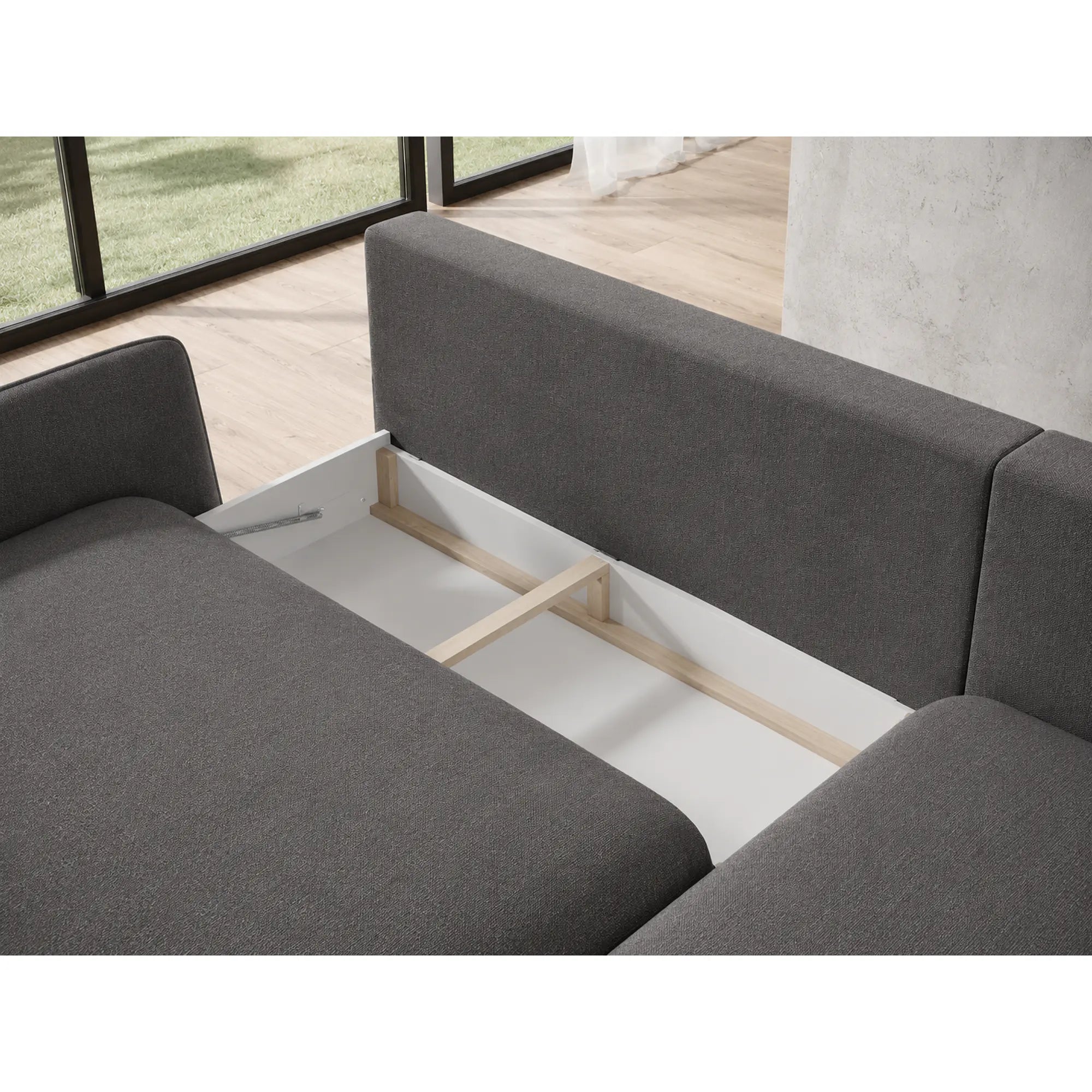 Coltar extensibil SOLANO, sezlong dreapta, stofa catifelata gri inchis - Salvador 15, cu lada depozitare, 260x167x83 cm