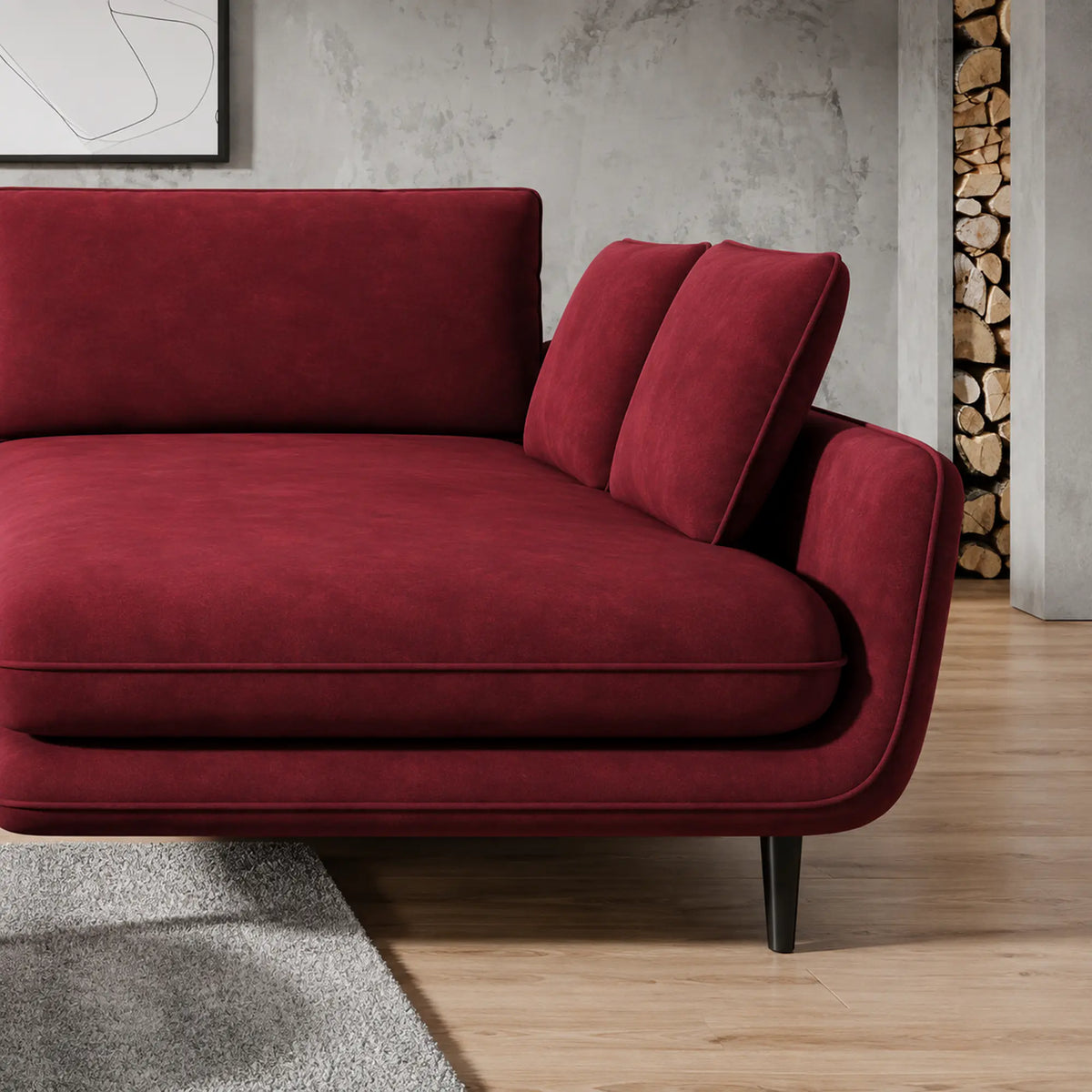 Coltar extensibil SOLANO, sezlong dreapta, stofa catifelata rosu - Riviera 61, cu lada depozitare, 260x167x83 cm