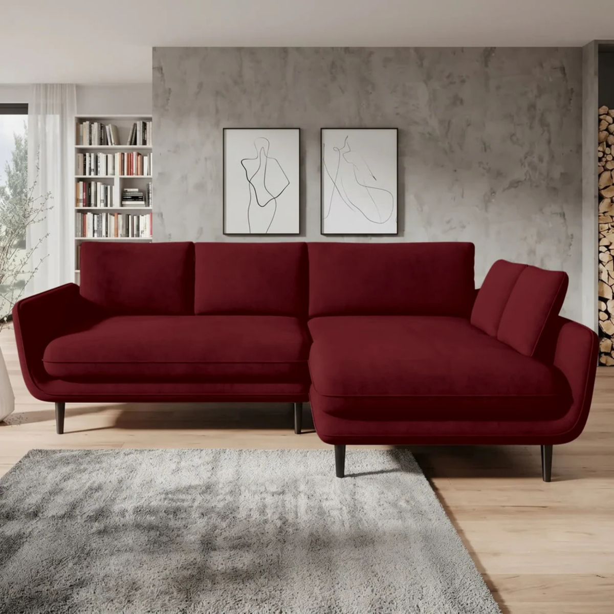Coltar extensibil SOLANO, sezlong dreapta, stofa catifelata visiniu - Riviera 59, cu lada depozitare, 260x167x83 cm
