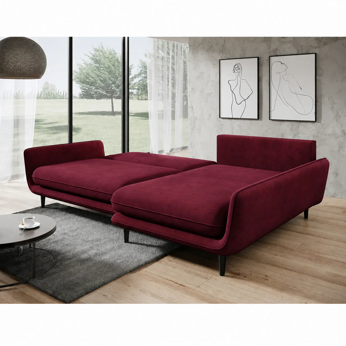 Coltar extensibil SOLANO, sezlong dreapta, stofa catifelata visiniu - Riviera 59, cu lada depozitare, 260x167x83 cm