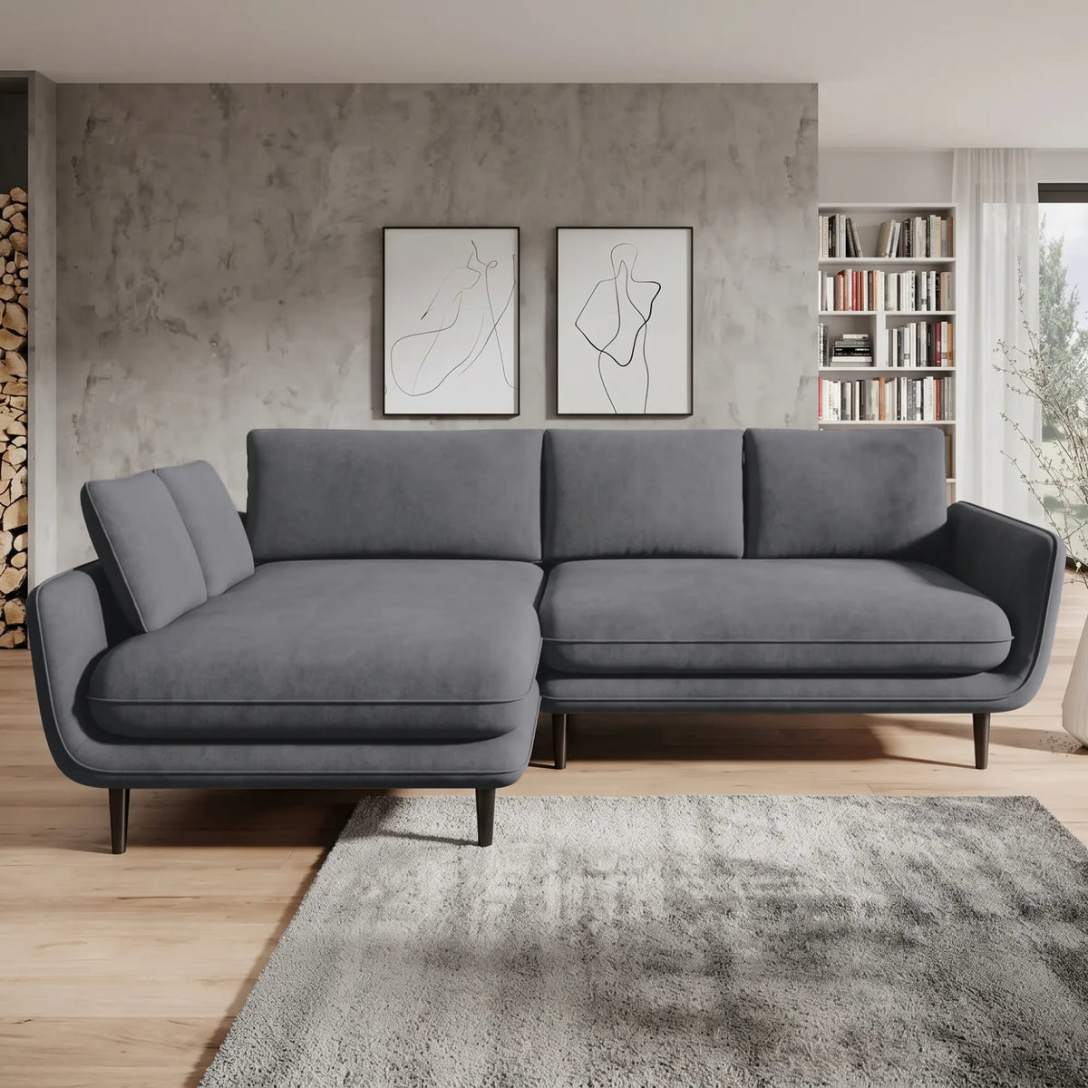 Coltar extensibil SOLANO, sezlong stanga, stofa catifelata gri - Palladium 16, cu lada depozitare, 260x167x83 cm