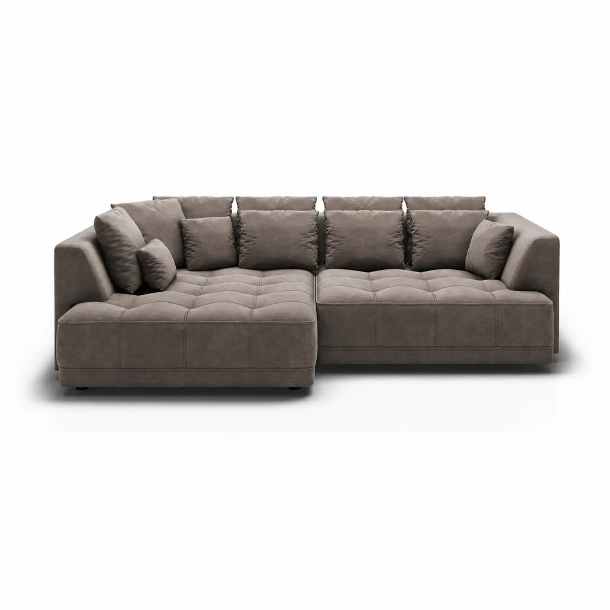 Coltar extensibil TIGA, sezlong stanga, stofa catifelata maro - Whisper 5, cu reglaj electric, 286x207x77 cm
