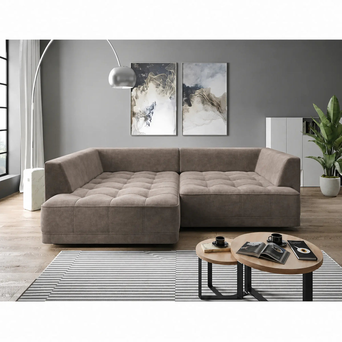 Coltar extensibil TIGA, sezlong stanga, stofa catifelata maro - Whisper 5, cu reglaj electric, 286x207x77 cm