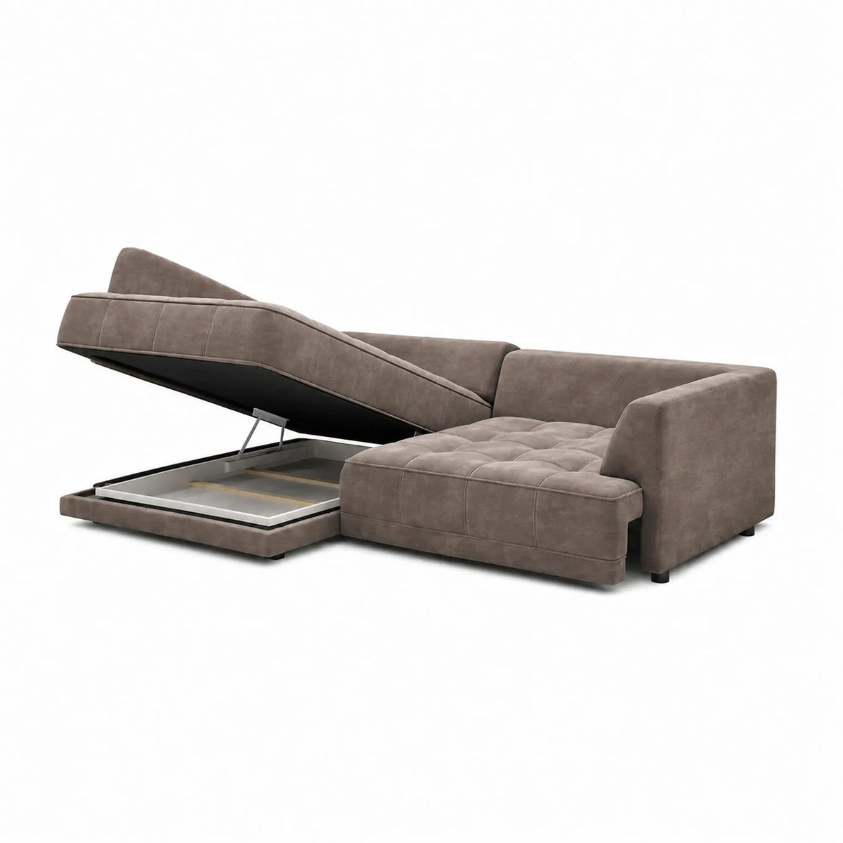 Coltar extensibil TIGA, sezlong stanga, stofa catifelata maro - Whisper 5, cu reglaj electric, 286x207x77 cm
