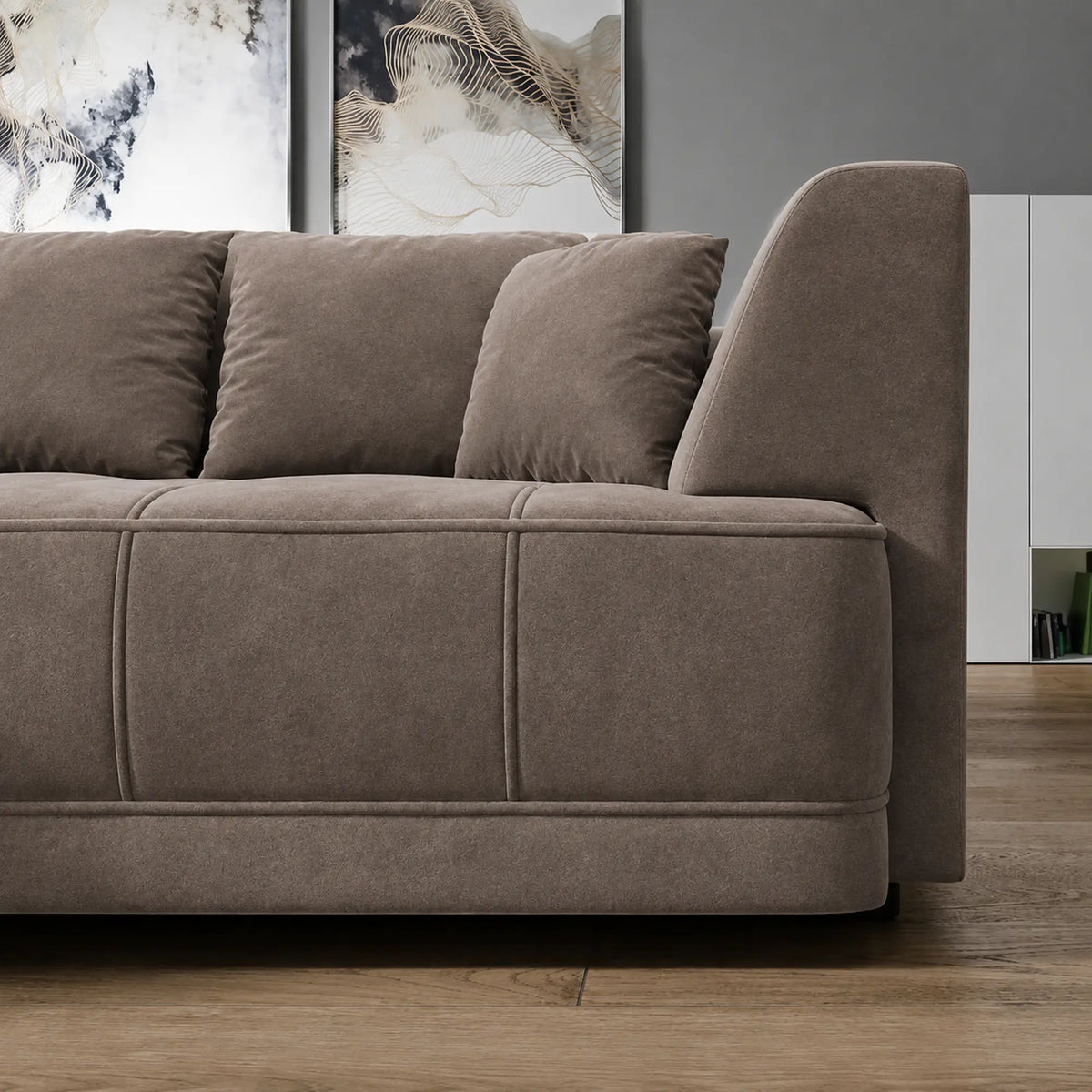 Coltar extensibil TIGA, sezlong stanga, stofa catifelata maro - Whisper 5, cu reglaj electric, 286x207x77 cm
