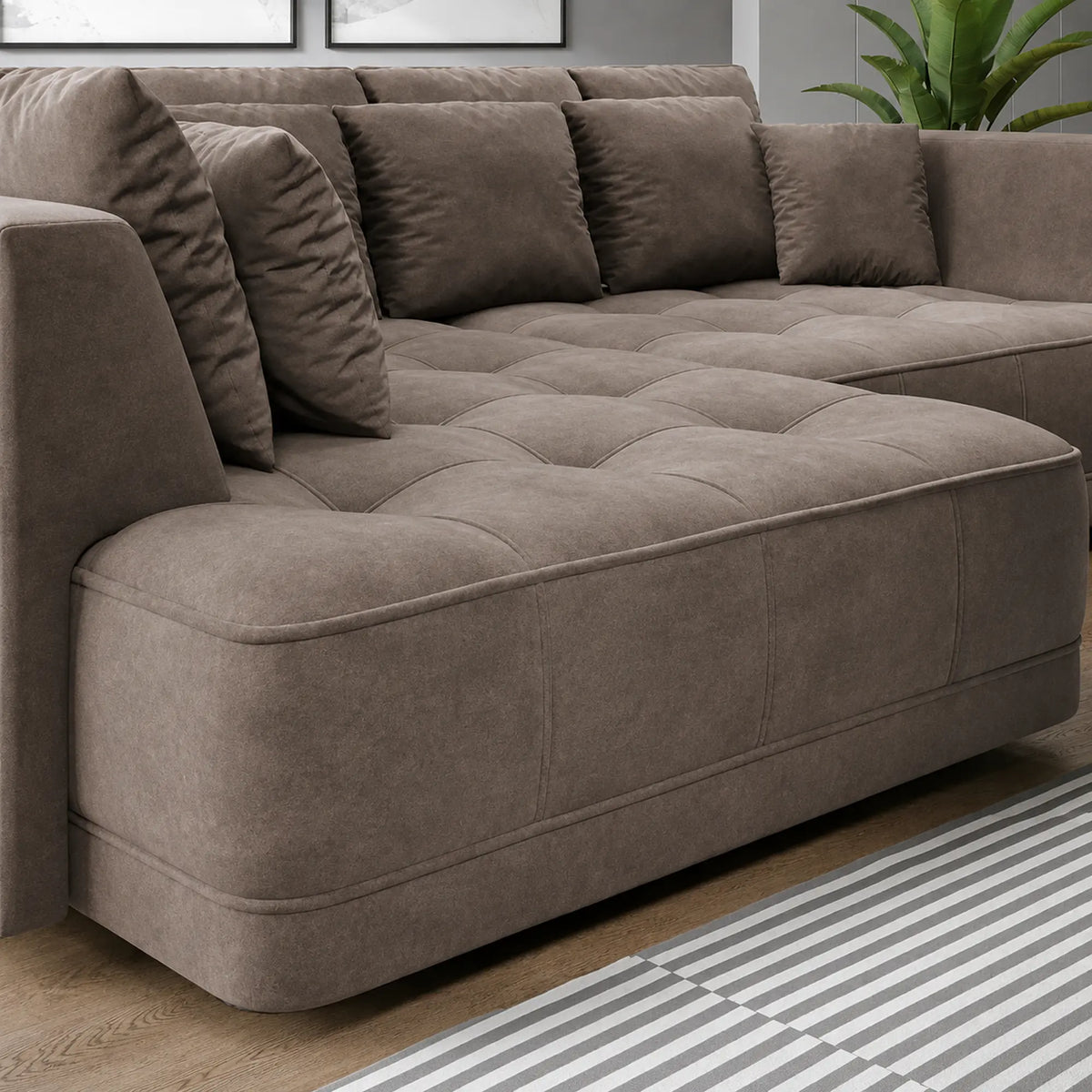 Coltar extensibil TIGA, sezlong stanga, stofa catifelata maro - Whisper 5, cu reglaj electric, 286x207x77 cm