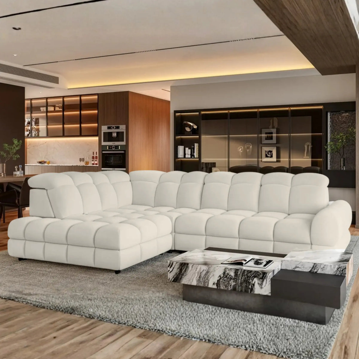 Coltar extensibil TOLLO L, personalizabil, cu lada depozitare si reglaj electric, 302x220x106 cm