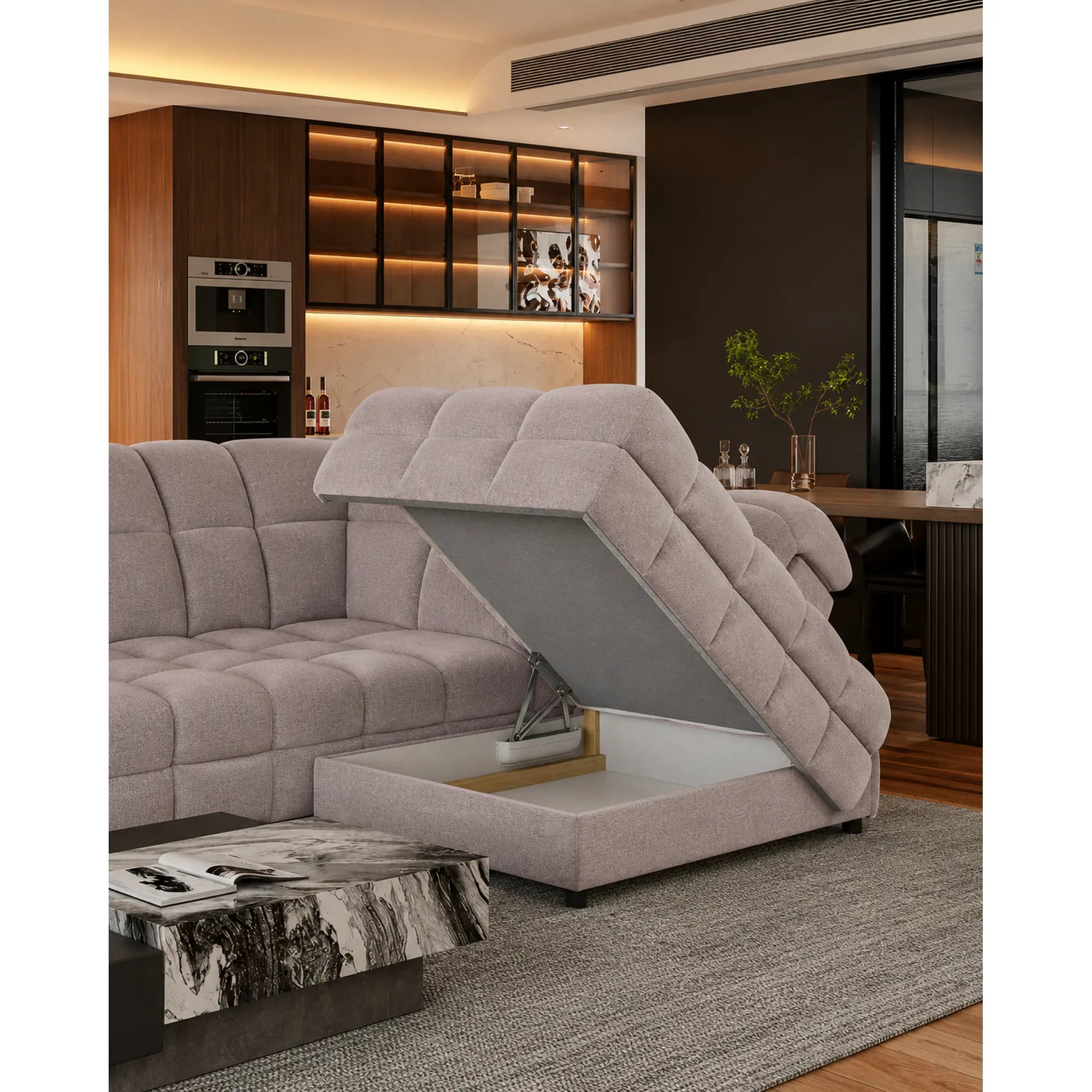 Coltar extensibil TOLLO L, sezlong dreapta, stofa catifelata bej - Whisper 3, cu lada depozitare si reglaj electric, 302x220x106 cm