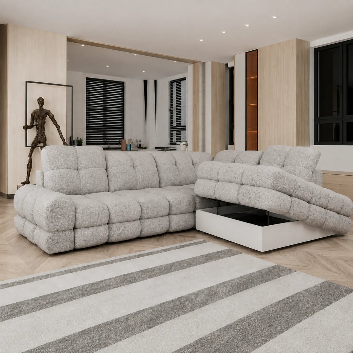 Coltar extensibil TOLLO L, sezlong dreapta, stofa clasica gri - Austin 18, cu lada depozitare si reglaj electric, 302x217x105 cm