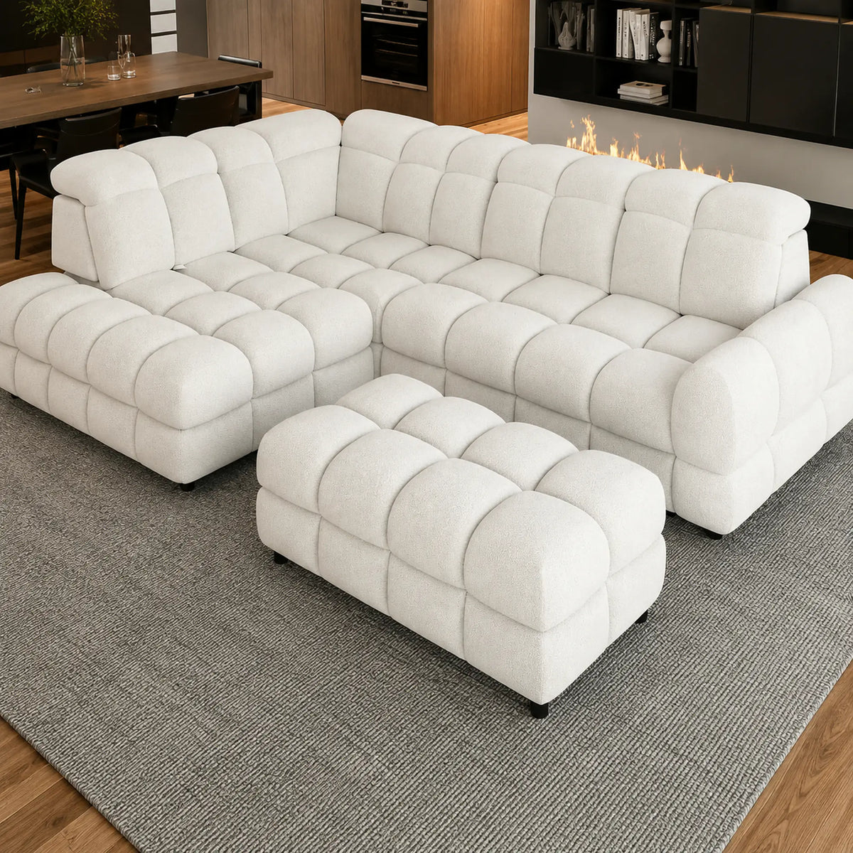 Coltar extensibil TOLLO L, sezlong stanga, stofa buclata alb - Bubble 01, cu lada depozitare si reglaj electric, 302x220x106 cm